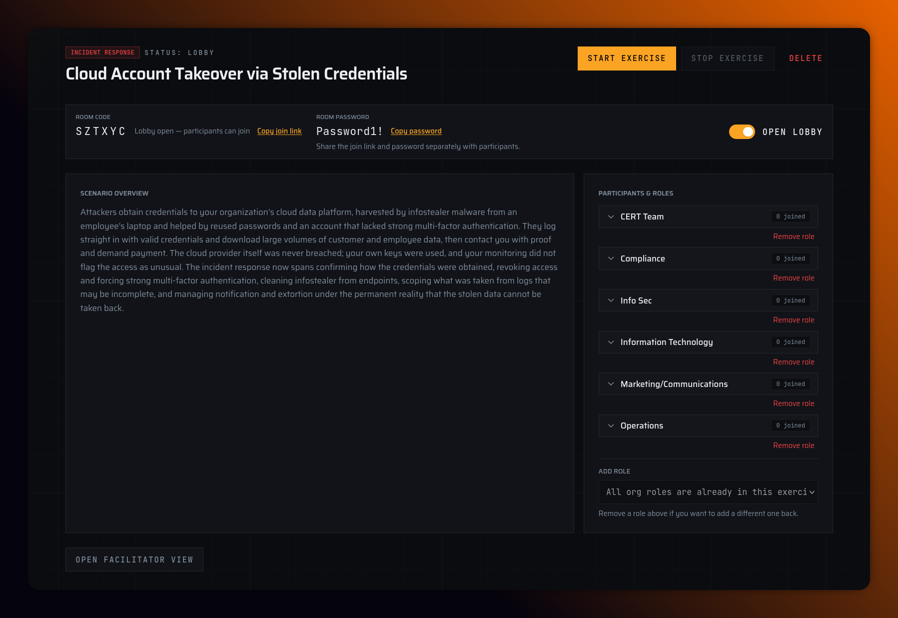 Exercise lobby page showing the room code and room password, Open lobby toggle, scenario overview, Participants & roles panel, and Start exercise button.