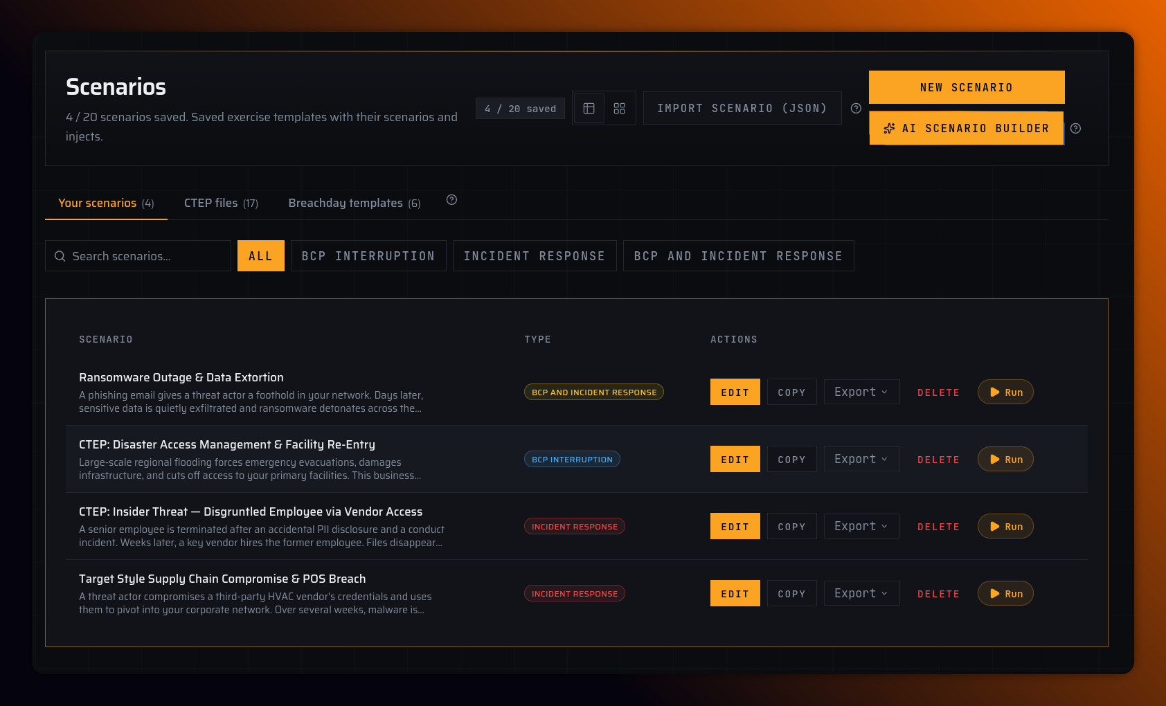 Scenarios list with Your scenarios, CTEP files, and Breachday templates tabs, scenario type filters, and New scenario, Import scenario (JSON), and AI Scenario Builder buttons.